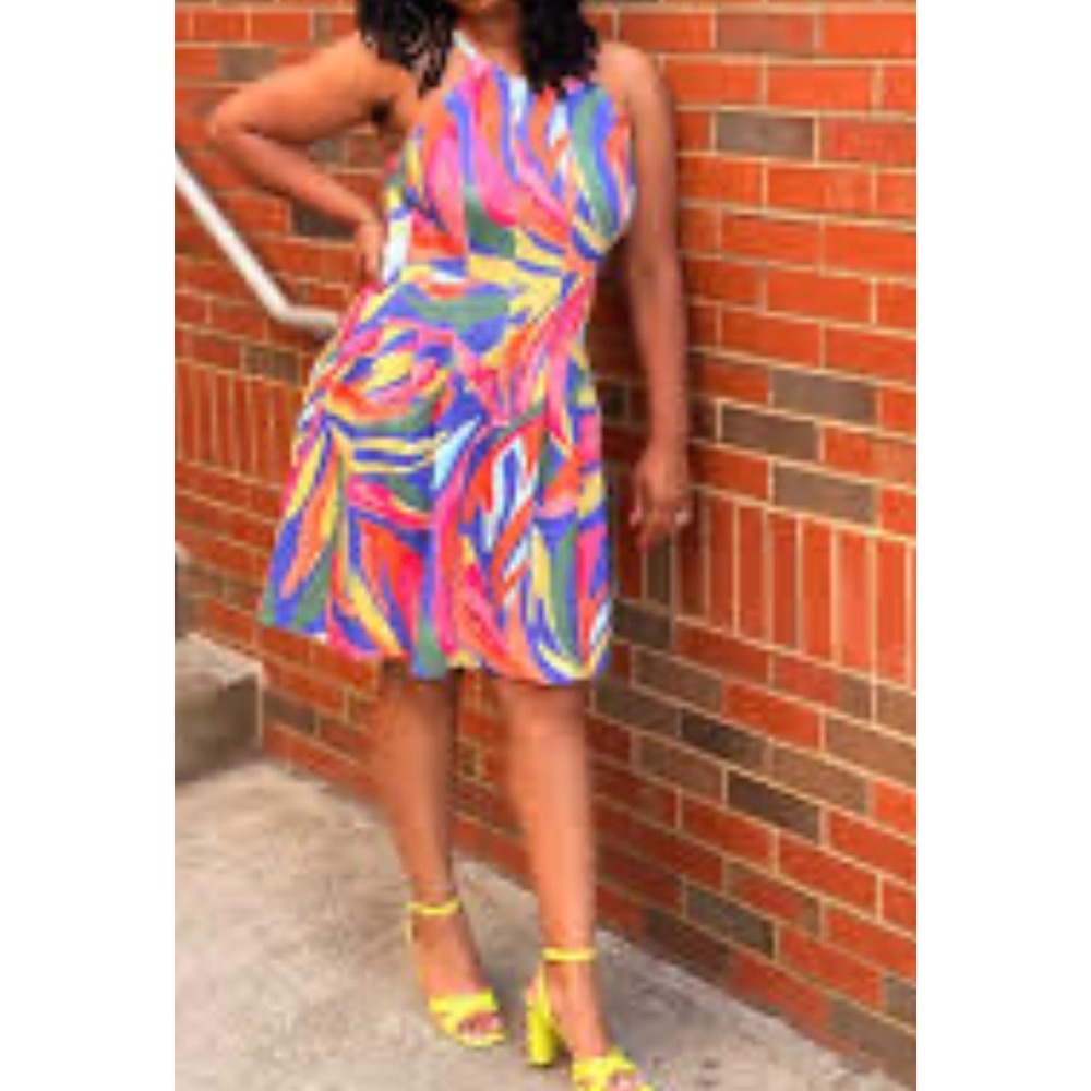 Vince Camuto Multi Color Tropical Leaf Halter Fit Flare Dress size‎ 12 feminine - Picture 8 of 9